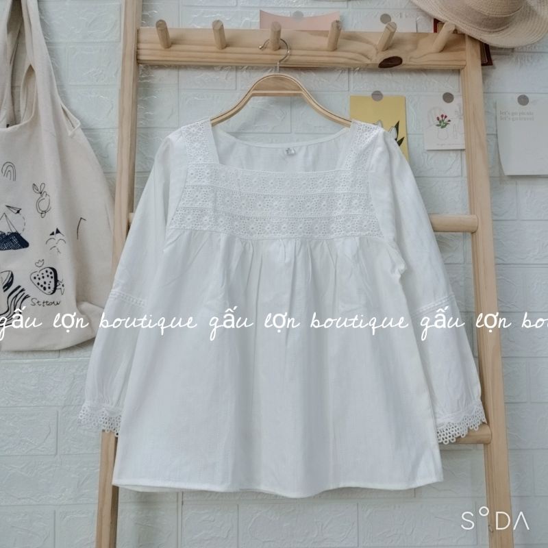 Áo babydoll cổ vuông vintage chất thô mềm ảnh thật