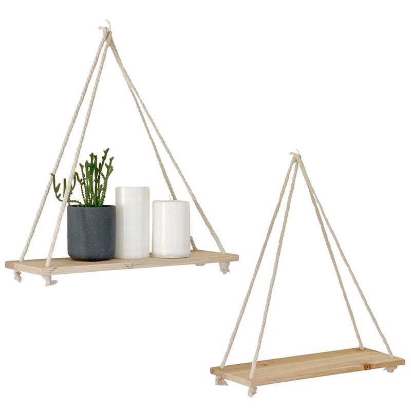 Kệ gỗ treo tường đa năng trang trí dây thừng gỗ thông thơm vintage G01