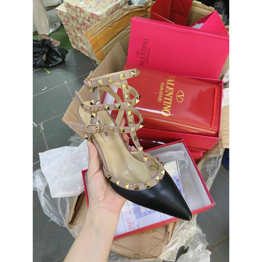 Giày cao gót / Sandal nữ đinh Valentino Siêu sang mũi nhọn 7cm tôn dáng Đen công sở đi làm dự tiệc