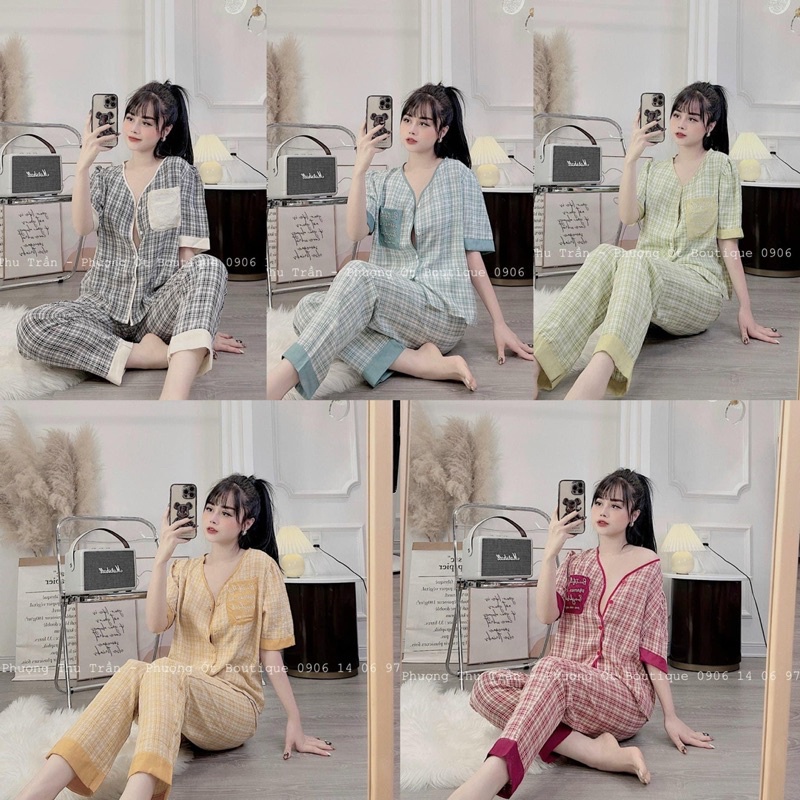 BỘ PIJAMAS HOẠ TIẾT KẺ SỌC HÀNG THIẾT KẾ CAO CẤP BỘ MẶC NHÀ NỮ CỔ V