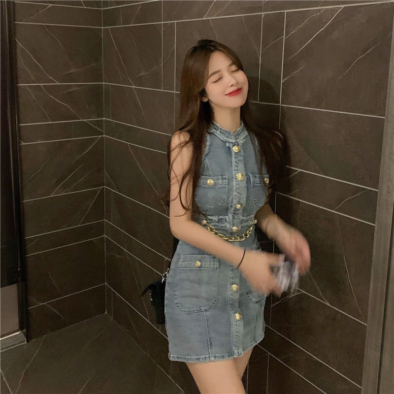 Jiashucheng Hàng Có Sẵn Đầm Denim Ngắn Dáng Chữ a Ôm Eo Sờn Phong Cách Mới 2022 Mùa Hè Cho Nữ