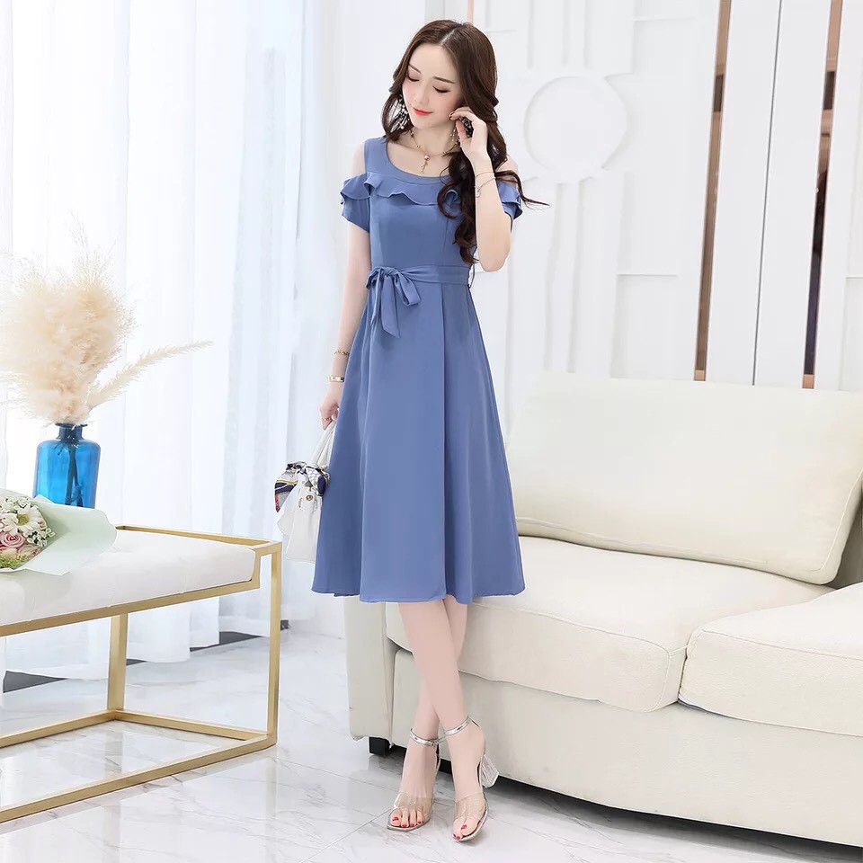 (HÀNG CÓ SẴN) Đầm xòe rớt vai nữ tính dịu dàng