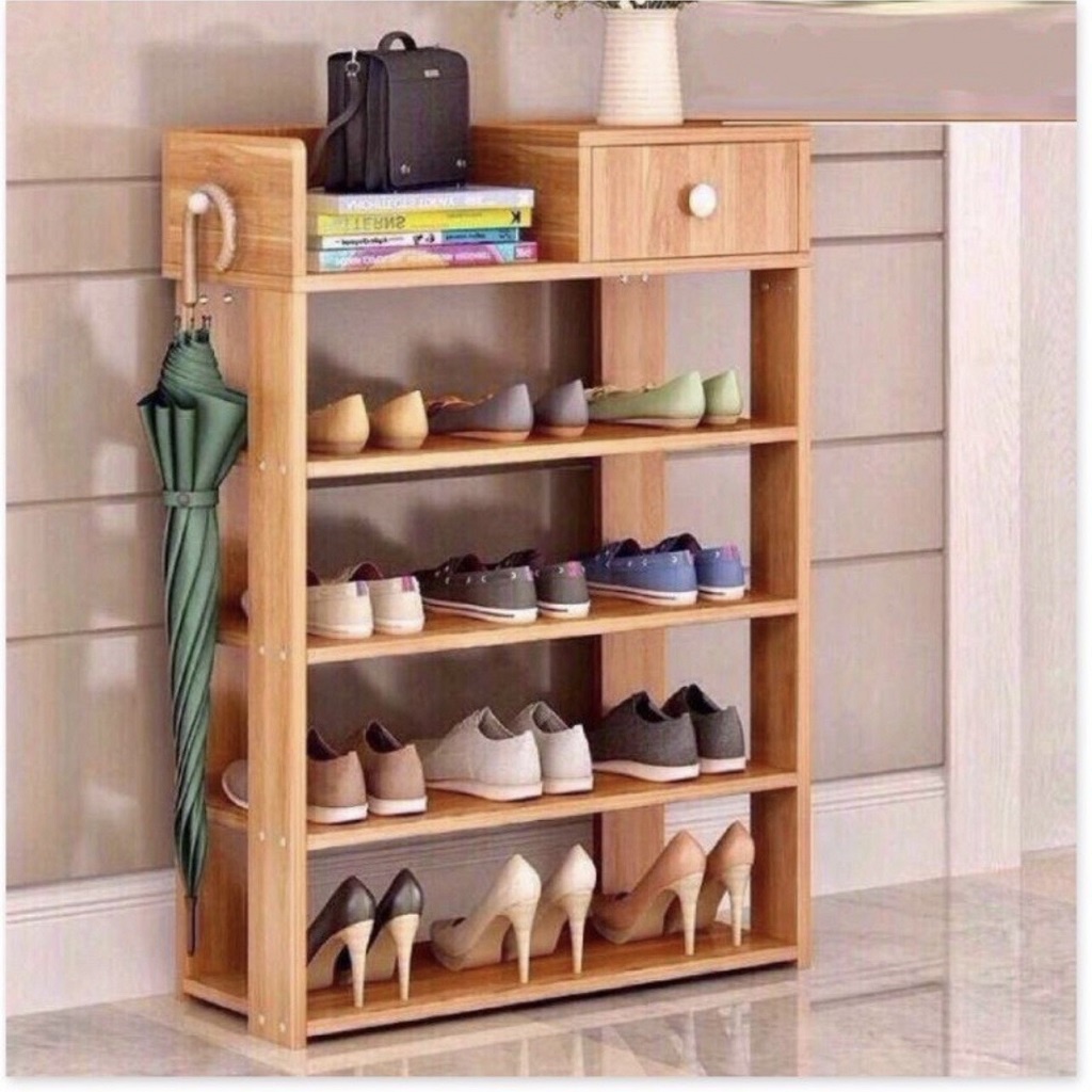 Tủ giày gỗ - Kệ giày 5 tầng có hộp đựng đồ, Xi đánh giày Hàn Quốc