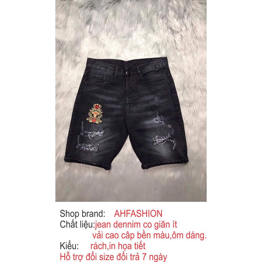 Quần short jean nam đen rách thêu logo chất bò giá rẻ cao cấp AHFASHION MS3315