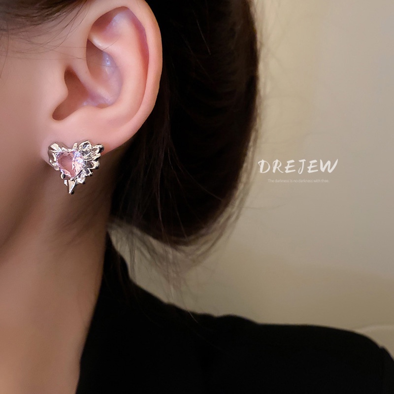 DREJEW Khuyên tai mạ bạc đính đá zircon trái tim tua rua phong cách baroque Hàn Quốc