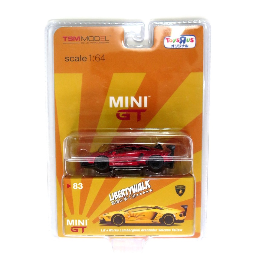 (Premium bánh cao su) Xe mô hình MINI GT (No83) ToysRus Lamborghini Aventador Liberty Walk Volcano Red 1:64 (new)