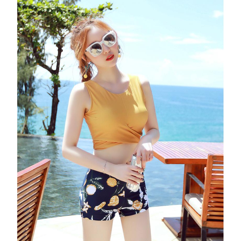 Bộ Đồ Bơi Nữ Bikini Đi Tắm Biển Set 3 Mảnh Áo Croptop Quần Đùi và Chân Váy Hoa Trẻ Kín Đáo B078