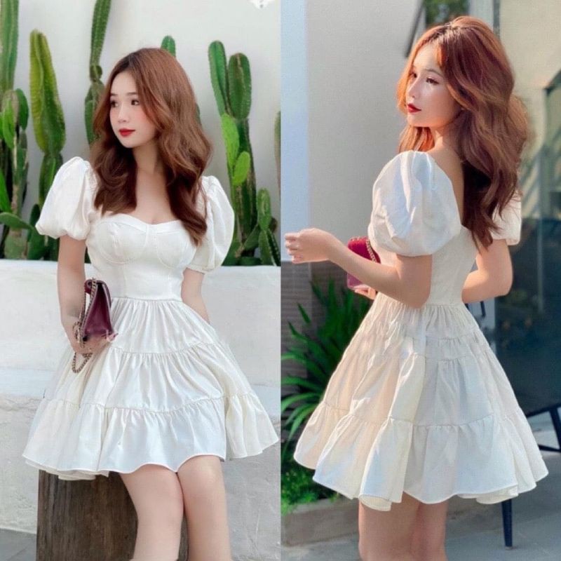 VÁY CÚP NGỰC 3 TẦNG CỔ VUÔNG TAY BỒNG | BigBuy360 - bigbuy360.vn