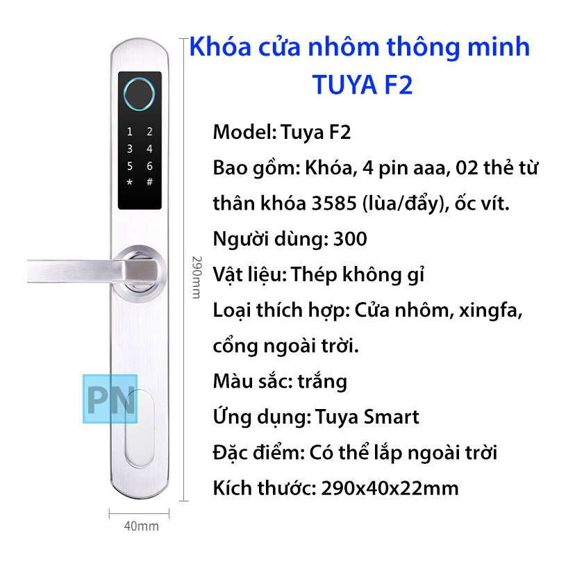 Khóa Cửa Thông Minh Wifi TUYA F2 Cao Cấp Chống Nước Dùng Cho Cửa Nhôm