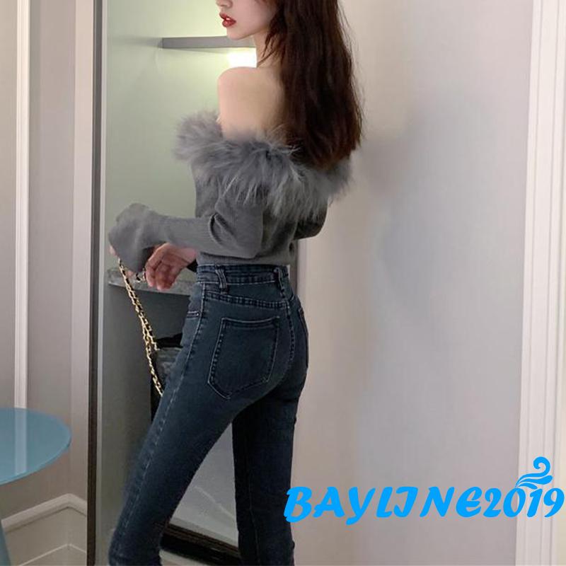 Áo dệt kim tay dài cổ thuyền màu trơn phối lông thời trang cho nữ