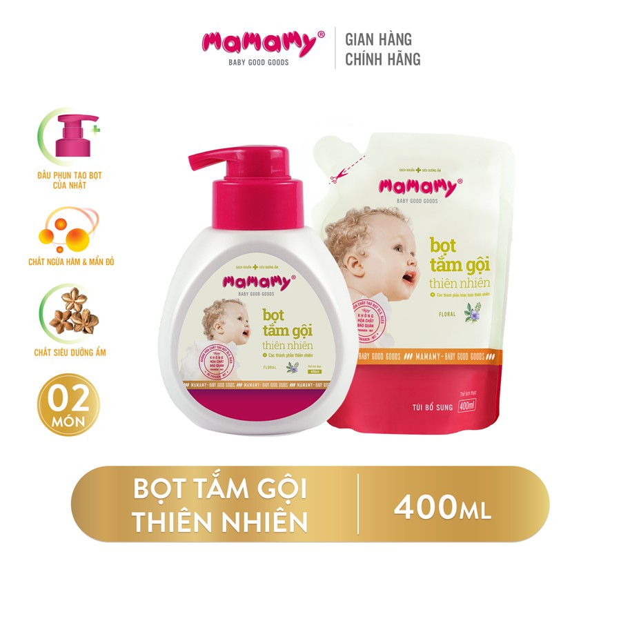 Bọt / sữa tắm gội Mamamy cho bé 400ml - Combo 1 chai + 1 túi sữa tắm gội bé hương Floral 400ml