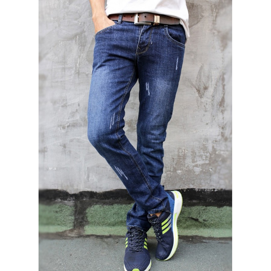 Quần Jeans Nam Dáng Ôm Màu Xanh Đậm Cào Nhẹ Vải Mịn Đẹp Co Giãn Ít Phai Màu