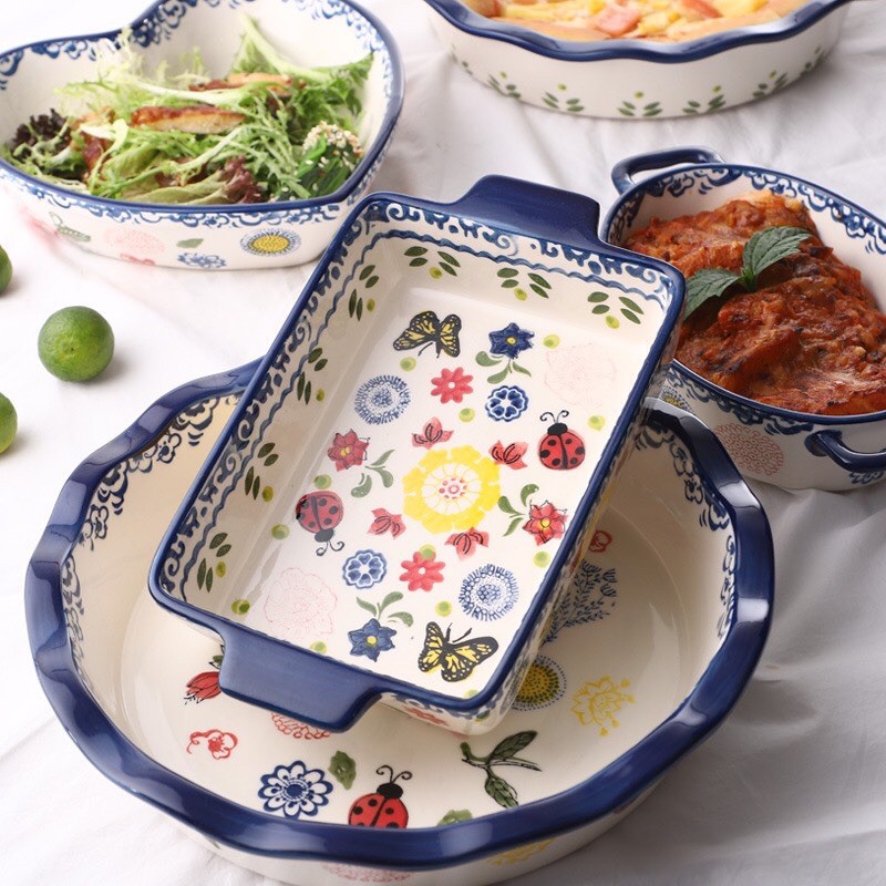 Khay sứ chữ nhật 2 tai hoa bướm