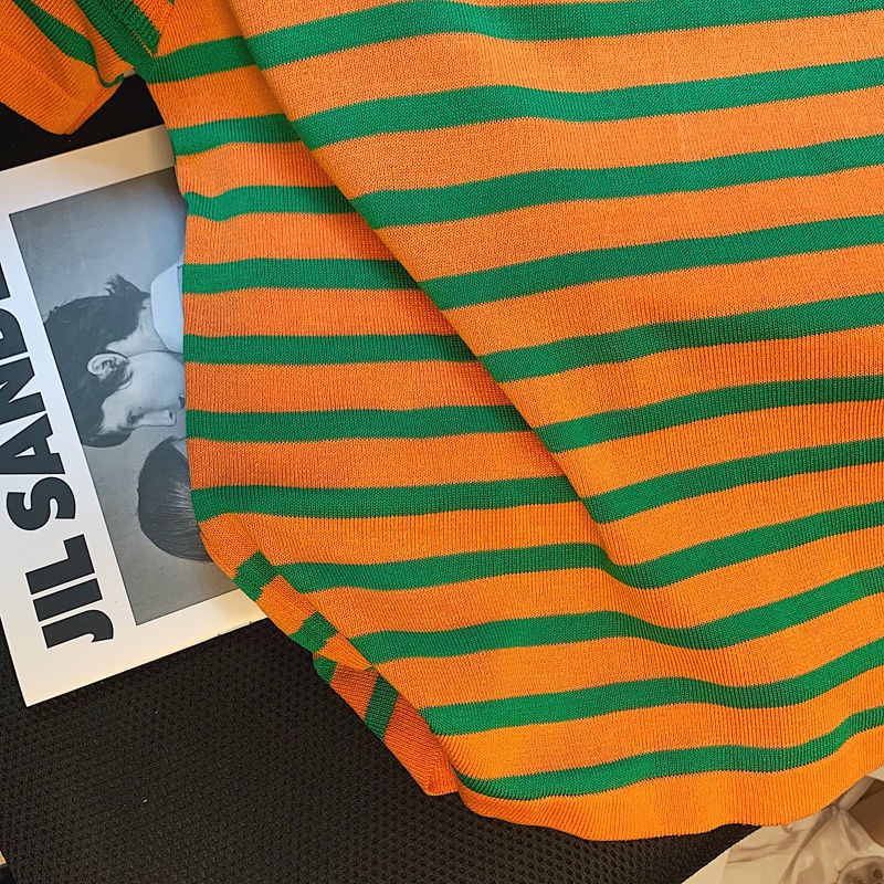 Áo Thun Dệt Kim Ngắn Tay Họa Tiết Kẻ Sọc Thời Trang Mùa Hè Cho Nữ