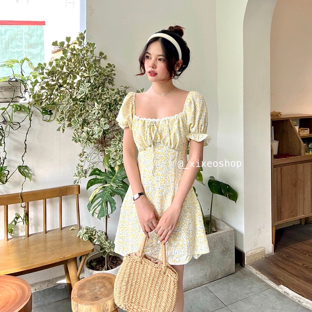 Váy hoa nhí tay bồng, đầm hoa cổ vuông dáng ngắn vinatge xixeoshop - v132