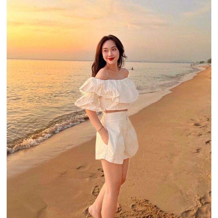 SET WHITE ANGLE áo croptop bẹt vai trắng tay lửng + quần short (ảnh thật)