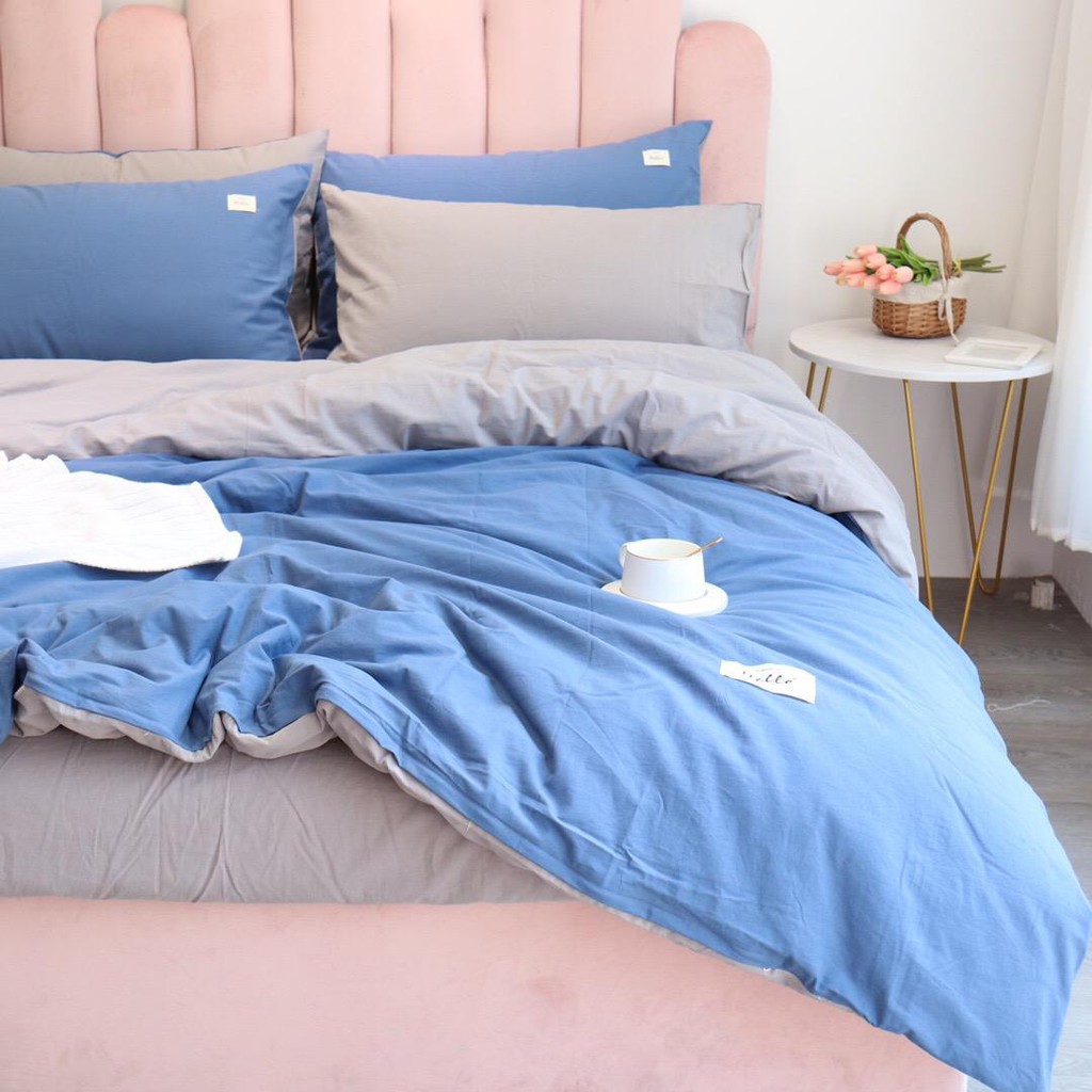 Chăn Ga Cotton Tici LIDACO - Xanh Trời Ga Xám