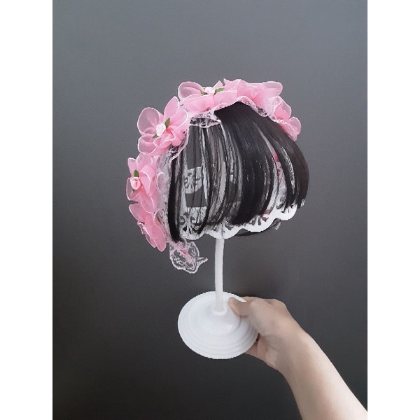 Tóc mái giả màu đen cho bé đeo kèm bờm tóc băng đô