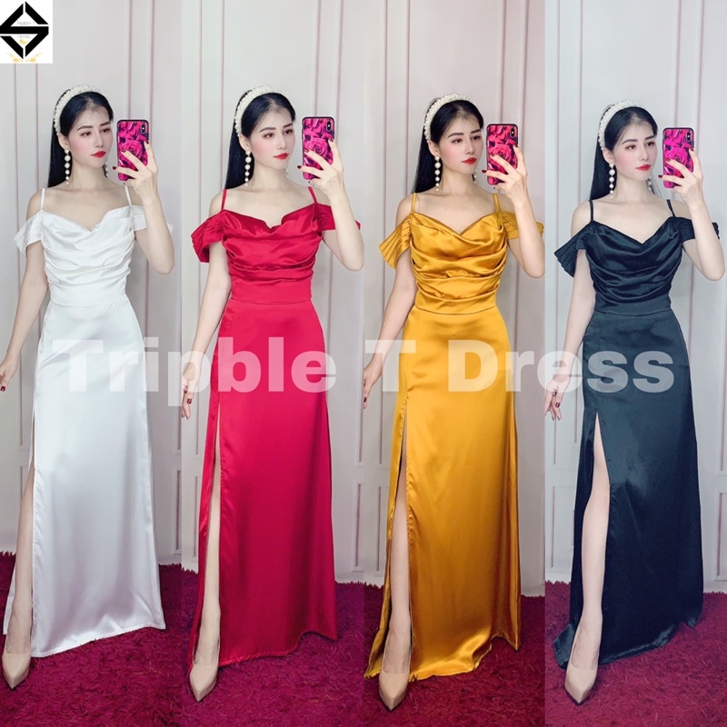 Đầm maxi body dự tiệc rớt vai xẻ đùi eo sang trọng TRIPBLE T DRESS - Size S/M/L - MS134Y