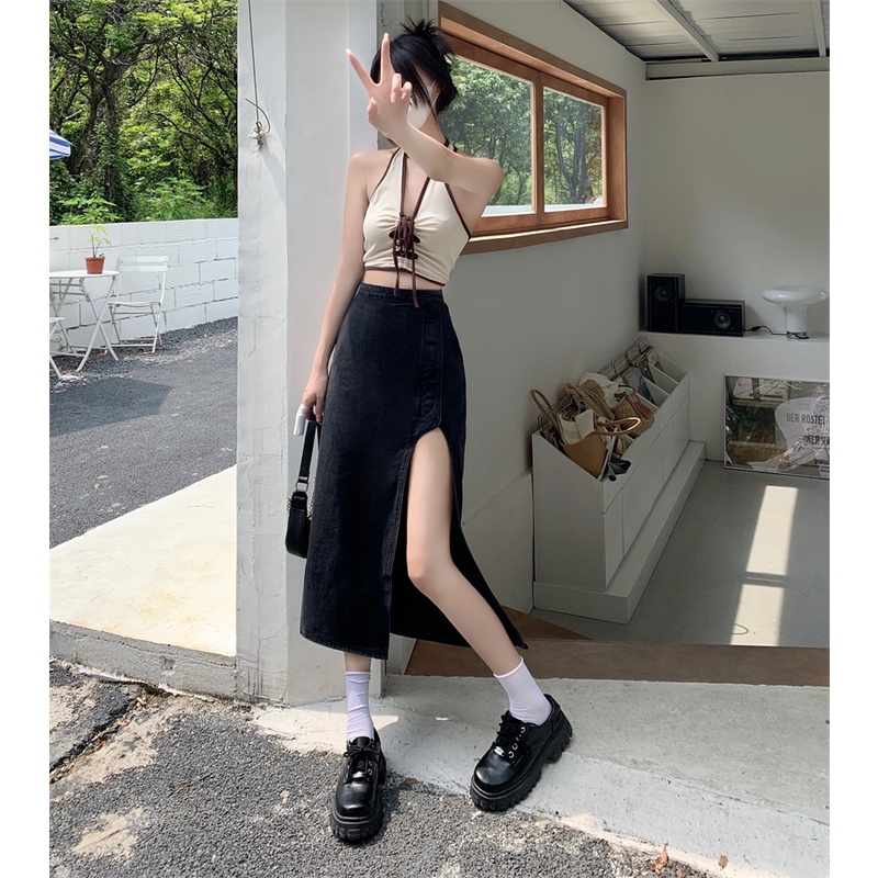 Chân váy jean Lưng Cao Dáng Chữ a Xẻ Tà Phong Cách Hàn Quốc Thời Trang Cho Nữ