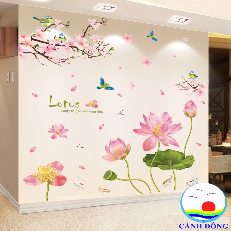 Decal dán tường hoa đào và sen combo trang trí tết sang trọng dán được trên kính/gỗ