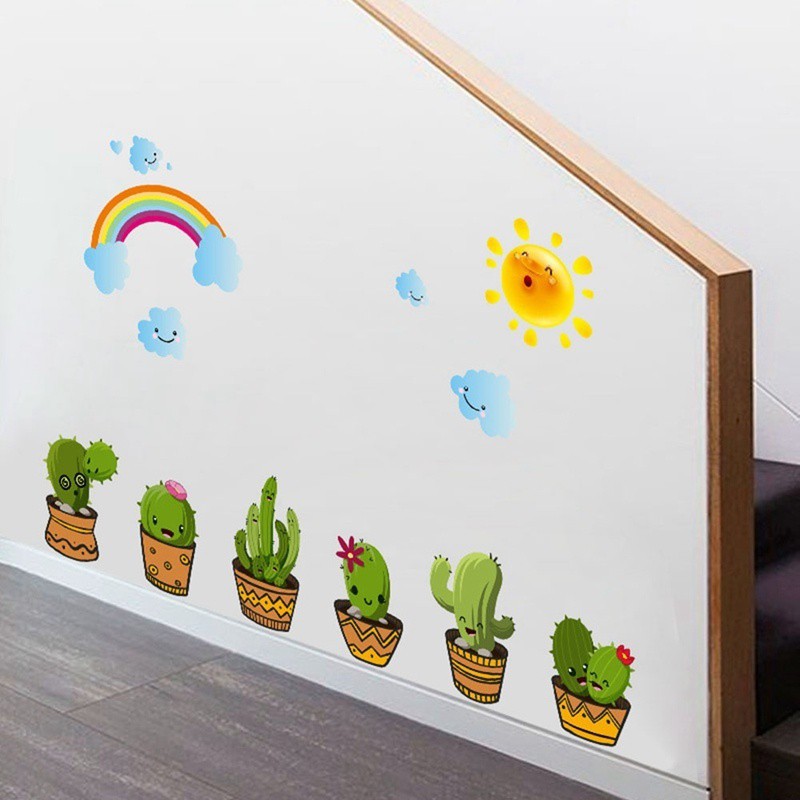 Decal trang trí phòng khách hình cây xương rồng dễ thương