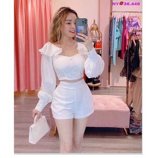 (New) Set bộ nữ tay dài phồng cổ vuông quần đùi