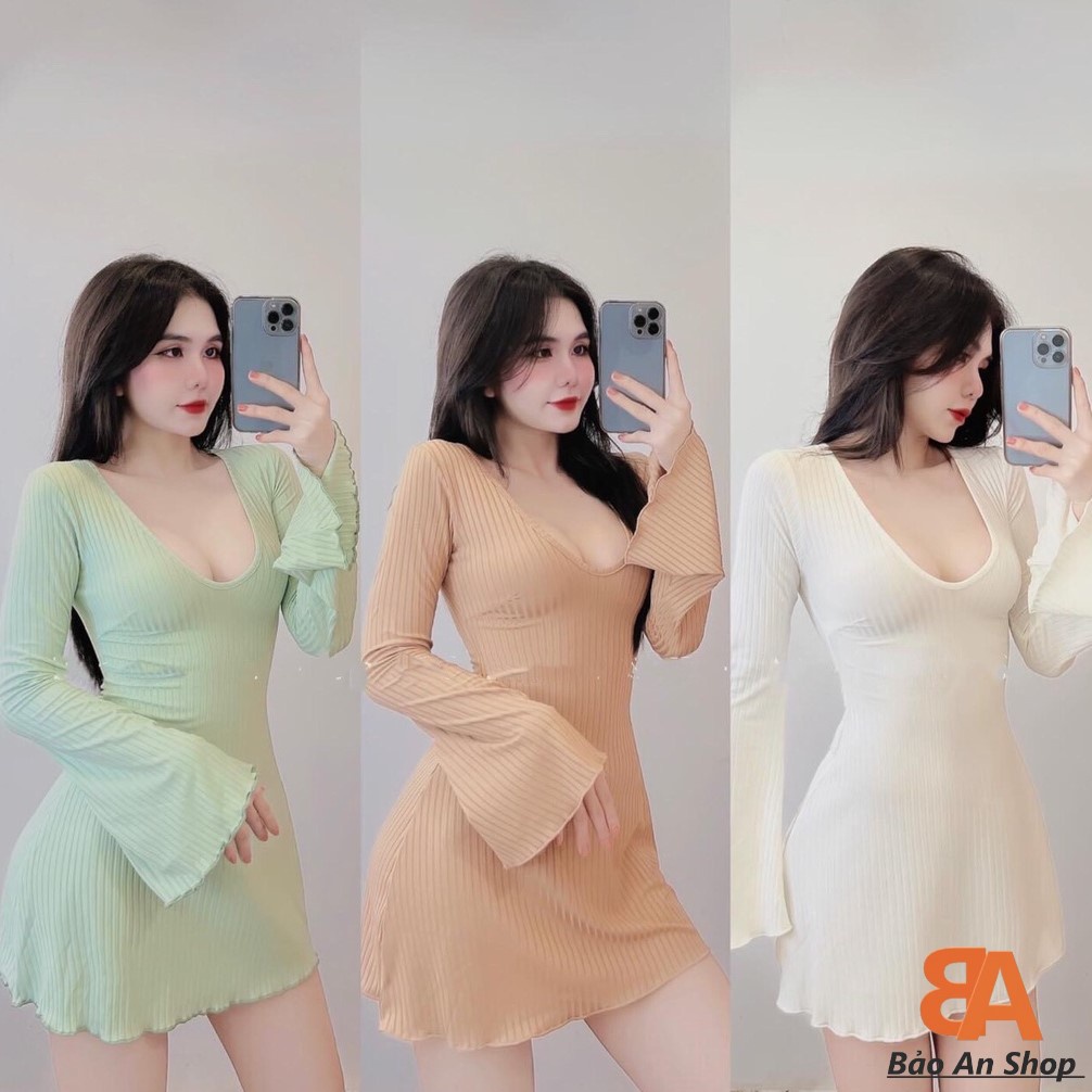 Đầm thun tay loe dài form ôm body dáng xòe chất vải gân len 4 chiều FreeSIze, Váy ngắn nữ cổ v Sexy (Bảo An Hot) | BigBuy360 - bigbuy360.vn