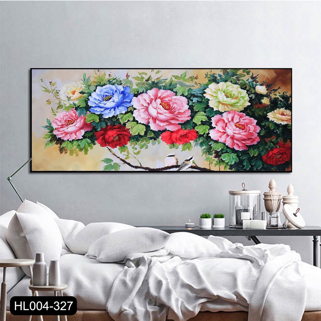 Tranh canvas treo tường hoa mẫu đơn khung composite sang trọng khổ ngang - 120 x 50 cm