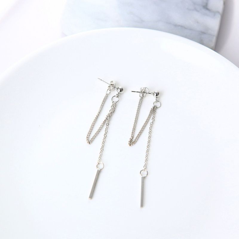 HAP  Sliver Double Tassel Chain Bar Dangle Drop Earring Kpop Korean Fashion Jewelry