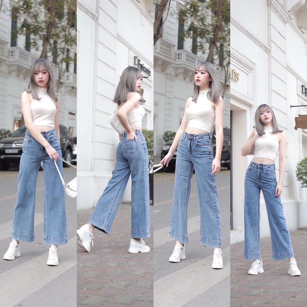 Quần jeans ống rộng 02 màu khói đá - kiểu gấu mới