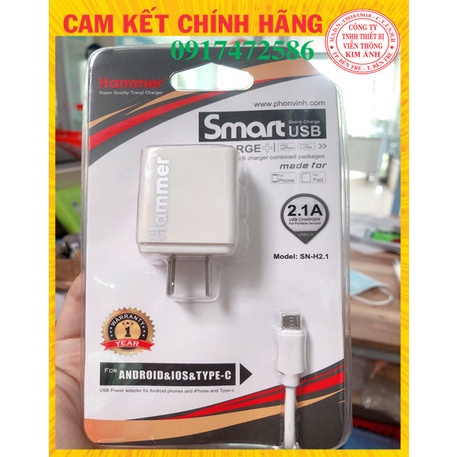 V8-Bộ sạc Hammer Dòng Điện 2.1A, chuôi Micro  - Hàng Chính Hãng bảo hành 12 tháng