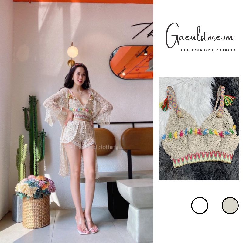 Gaeul store- set 3 món ren đi biển - áo 2 dây thổ cẩm + quần ren xẻ vạt + choàng tay loe dáng dài