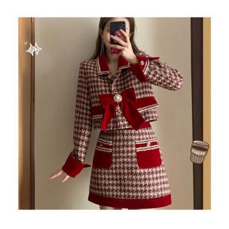 Set Dạ Tweed Kẻ Đỏ Hàng Quảng Châu Cao Cấp Dày Dặn May Sợi Kim Tuyến Lấp Lánh Kèm Nơ