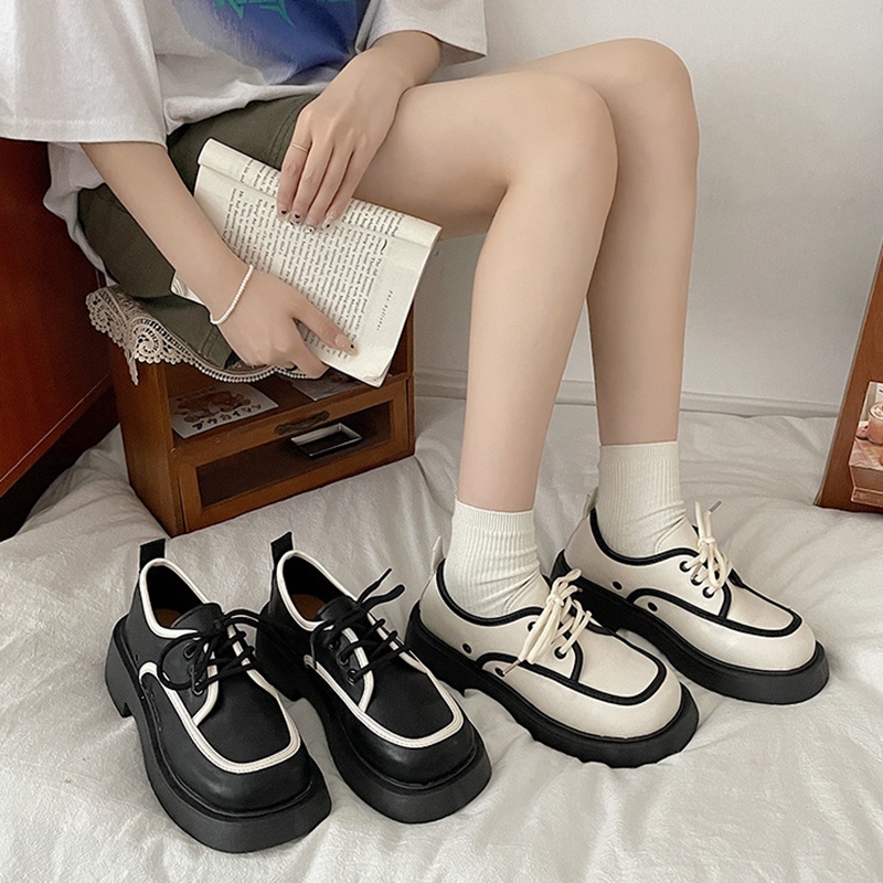 Giày Da Mũi Vuông Đế Dày Buộc Dây Kiểu retro Anh Dễ Thương Cho Nữ