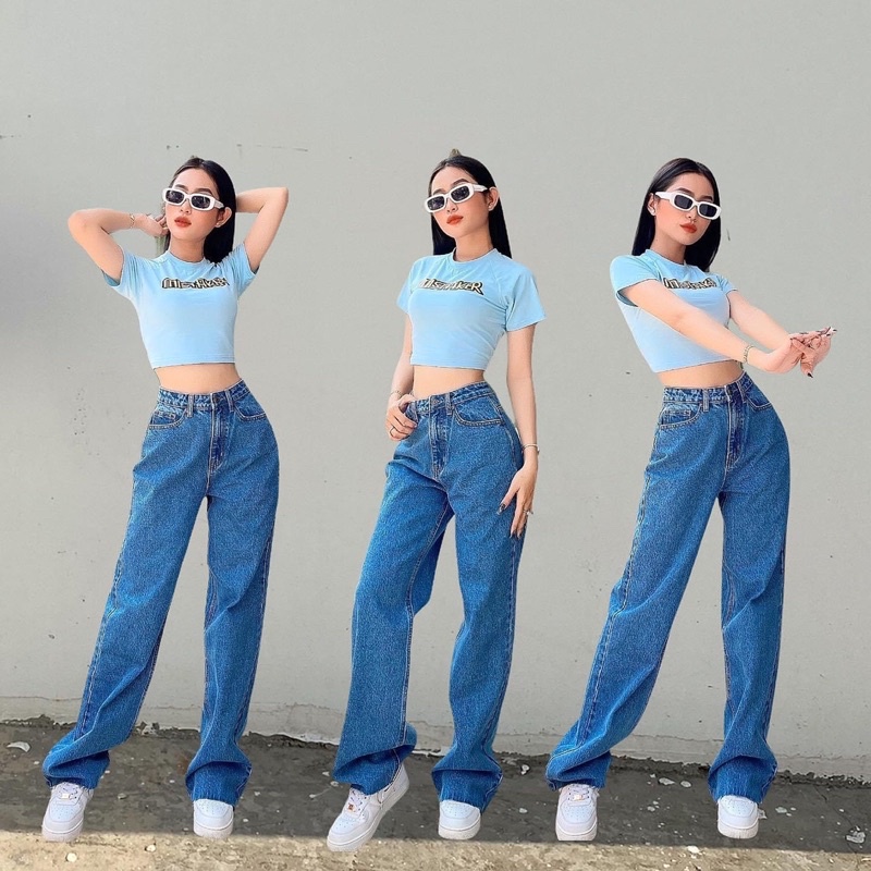 Quần Jeans Suông Ống Rộng Lai Cắt Lưng Cao Dáng Dài