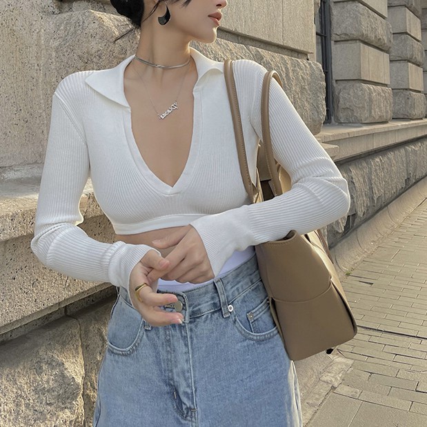 QKOOLE Áo croptop dệt kim  tay dài cổ chữ V phong cách Hàn Quốc thời trang cho nữ
