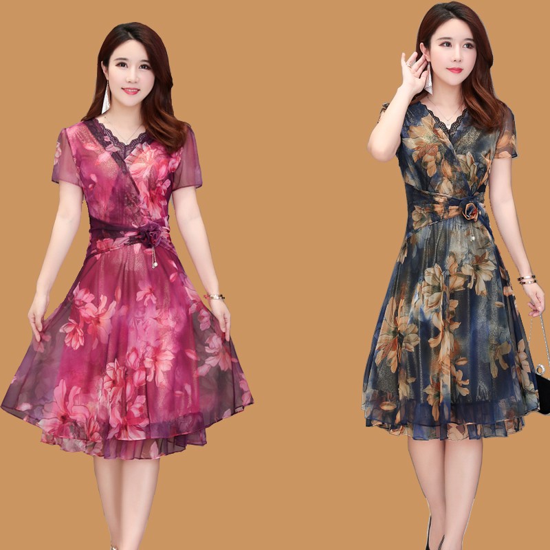 Quần áo trung niên▬✕☑Váy liền mẫu nữ mùa hè in hoa chiffon phiên bản Hàn Quốc size lớn dài vừa cho người mẹ TRU