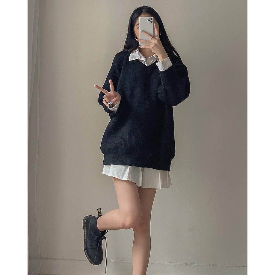 Áo len cổ V trơn có cúc cài đằng sau ulzzang form rộng - Made by Fiin | BigBuy360 - bigbuy360.vn