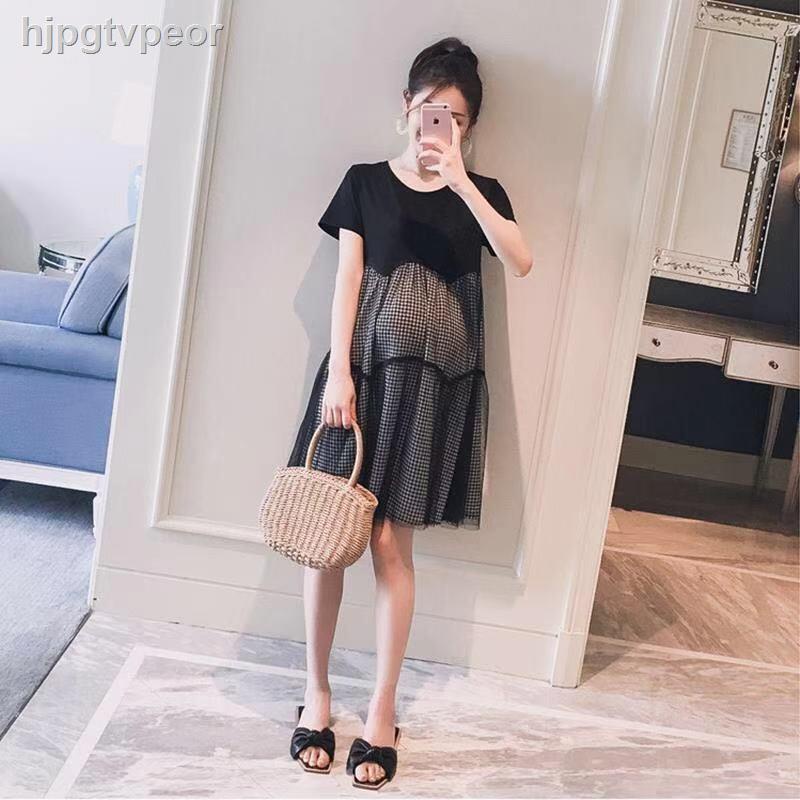 ◊ﺴ⊕thai sản mùa hè ngắn- đầm dài tay giữa lưng thun lưới thời trang Váy suông kiểu Tây cho bà bầu khi mang
