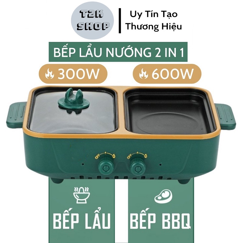Bếp Lẩu Nướng Điện Mini 2 Nấc Nhiệt - Nồi Lẩu Nướng 2 Ngăn Tách Rời Chống Dính Không Khói - T2K Shop
