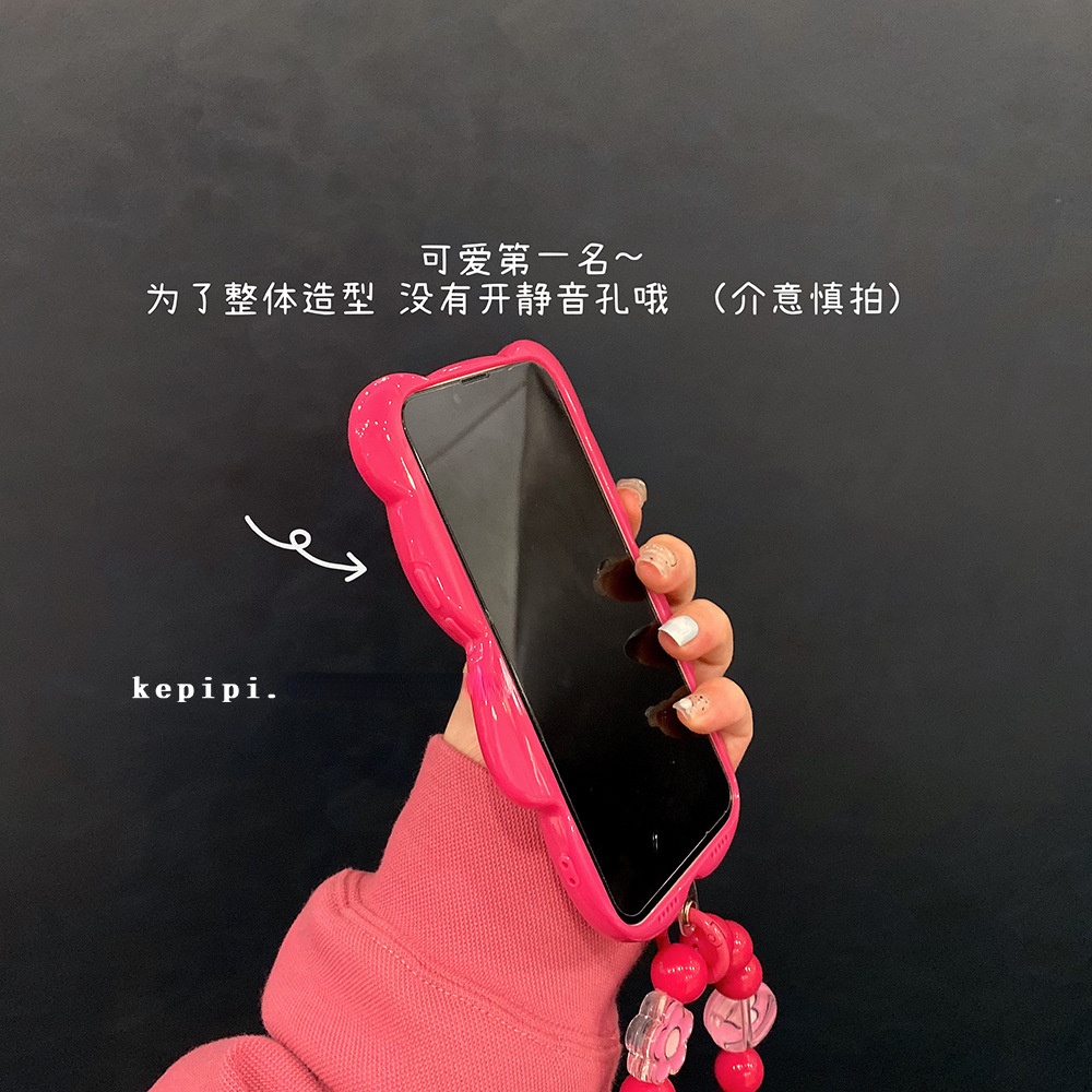 Ốp điện thoại hình gấu hoa hồng đỏ ba chiều có dây đeo tay cho iPhone 13promax 14Plus 11 12 14
