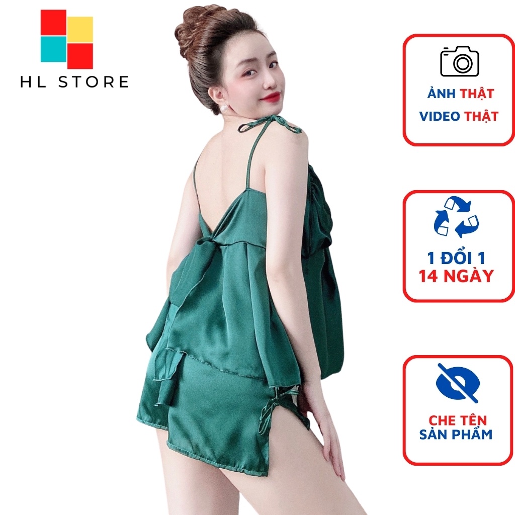 Đồ ngủ sexy đồ ngủ 2 dây xếp ly ngực cột nơ lưng Hải Lan Store, chất liệu lụa satin, freesize 40-65kg tùy chiều cao