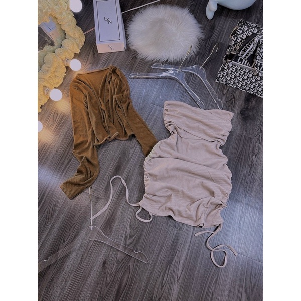 Set Đầm 2 Dây Xoén Ngực Nhún Rút 2 Bên Kèm Khoác Croptop Siêu Phẩm 4567