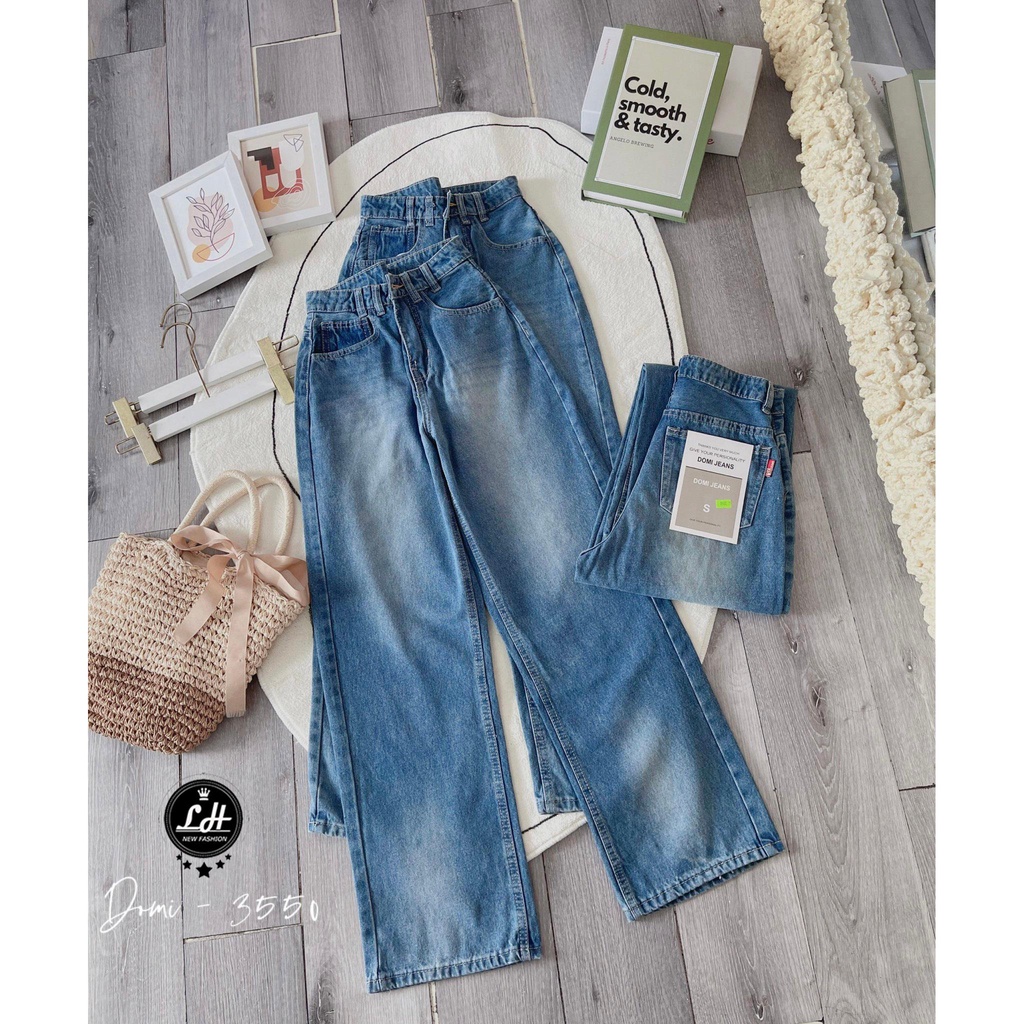 Quần jean nữ ống rộng, quần bò lưng cao màu xanh loang hai màu xả lai lưng kiểu Lê Huy Fashion MS 3550
