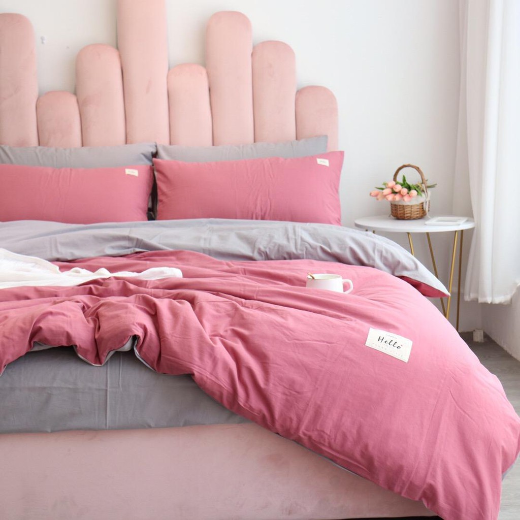 Chăn Ga Cotton Tici LIDACO - Hồng Sậm Ga Ghi