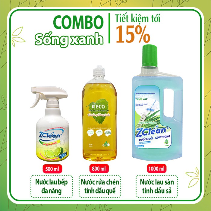 Combo Sống Xanh : Nước rửa chén hữu cơ + Nước lau sàn hữu cơ + Nước lau bếp hữu cơ tinh dầu chanh