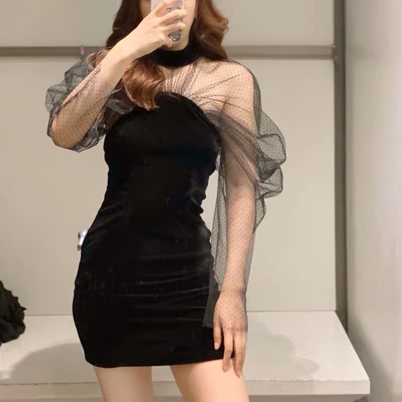 Đầm bod nhung phối tay voan #Zara #235k /size XS