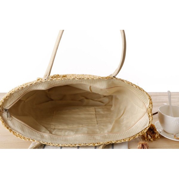 [NowShip - Giao Ngay] Túi Cói Boho Vintage Đeo Vai, Đeo Chéo Hình Tròn Dây Da Màu Nâu Be Trơn