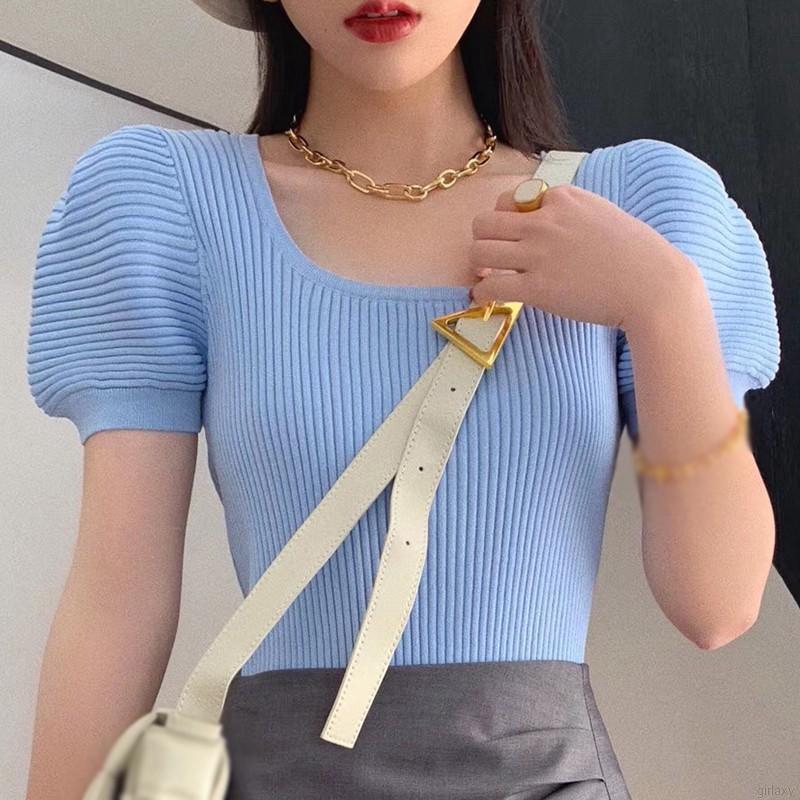 Áo Dệt Kim Tay Ngắn Cổ Vuông Màu Trơn Phong Cách Hàn Quốc
